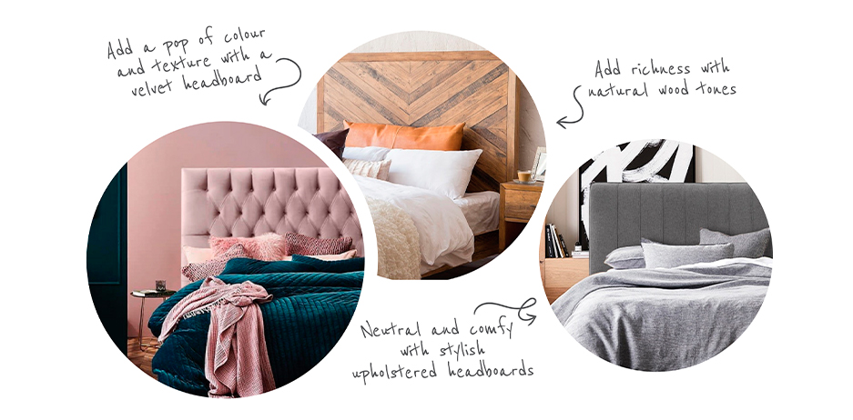 Three different examples of headboards; on with a pink coloured velvet headboard, another with a wooden headboard and the other with a neutral grey fabric upholstered headboard